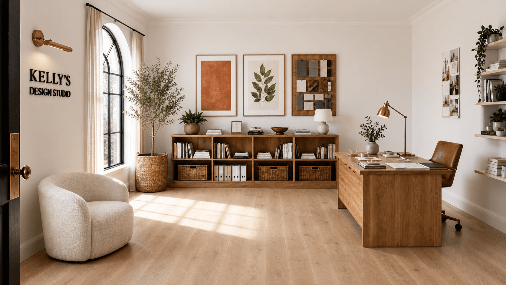 Kelly's warm interior design studio viewed from the doorway